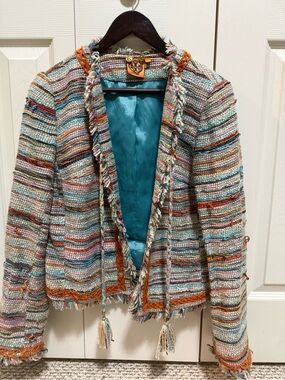 Tory Burch sz. 6 GUC Multicolor Striped Tweed Blazer with Teal Lining and Fringe